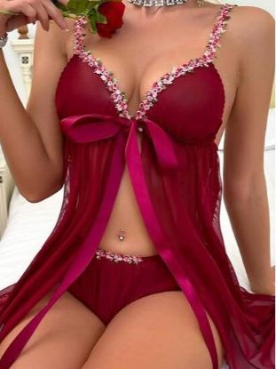 Picture of Floral Love Women's Romantic Floral Mesh Baby Doll Nightdress Set 2 Piece Sleeveless Dress & Matching Briefs with Adjustable Spaghetti Straps & Wireless Design Soft Womenswear Day Elegant Everyday Lightweight Loungewear Nightwear